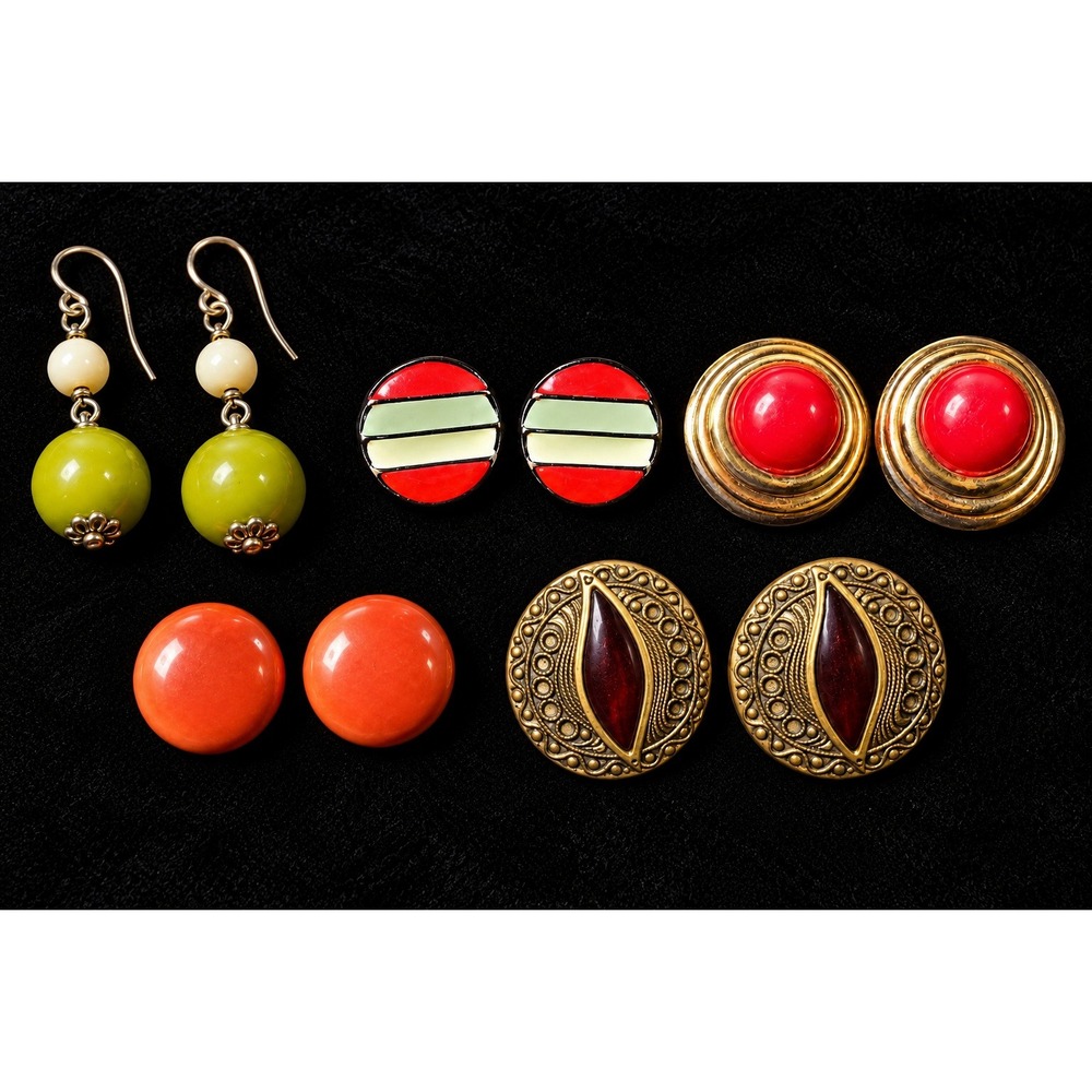 Vintage 1960-1980 Earring Collection 5 Pairs Colorful Gold Tone Costume Jewelry.